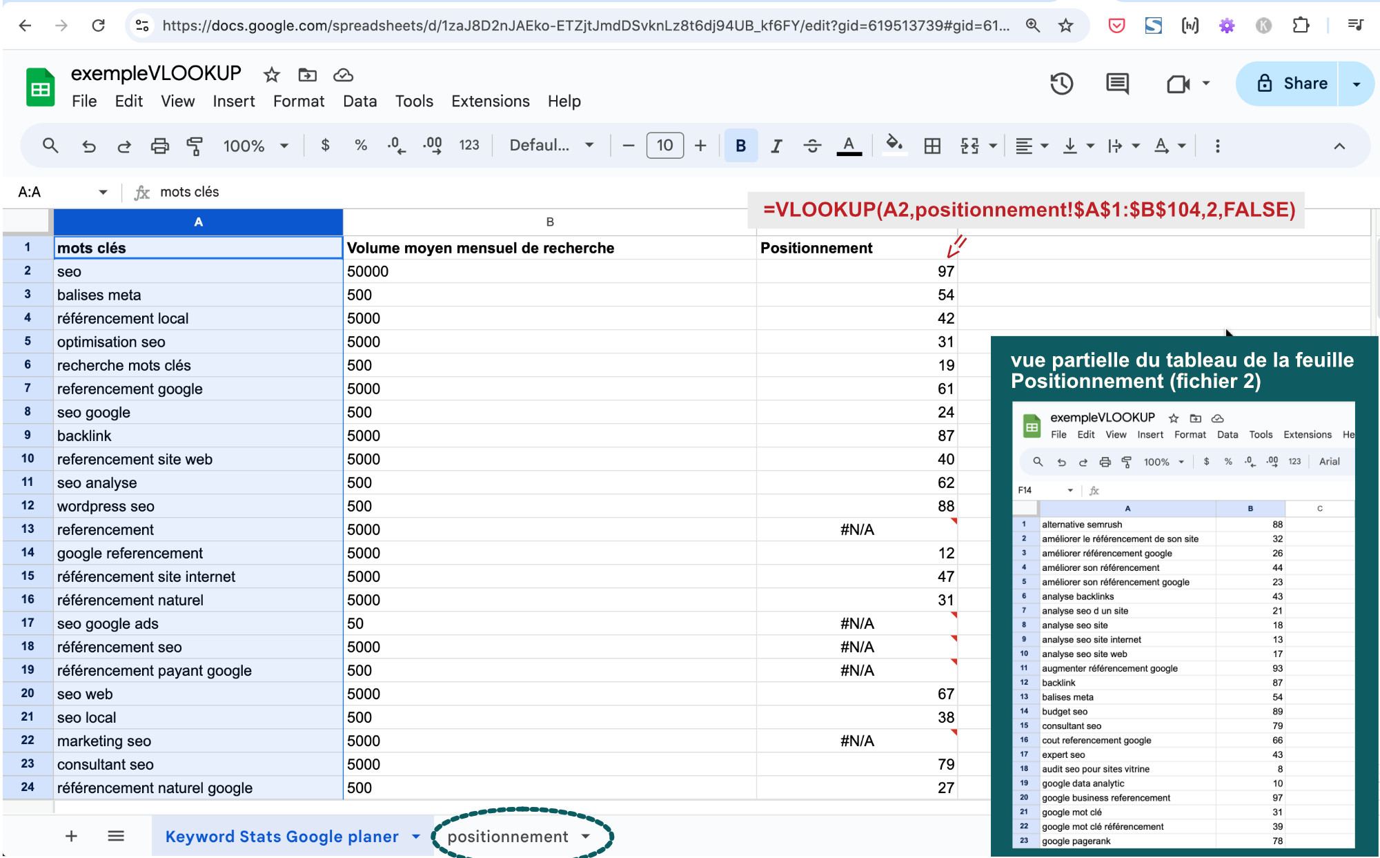 fonction VLOOKUP ou RECHERCHEV : exemple d'utilisation en SEO